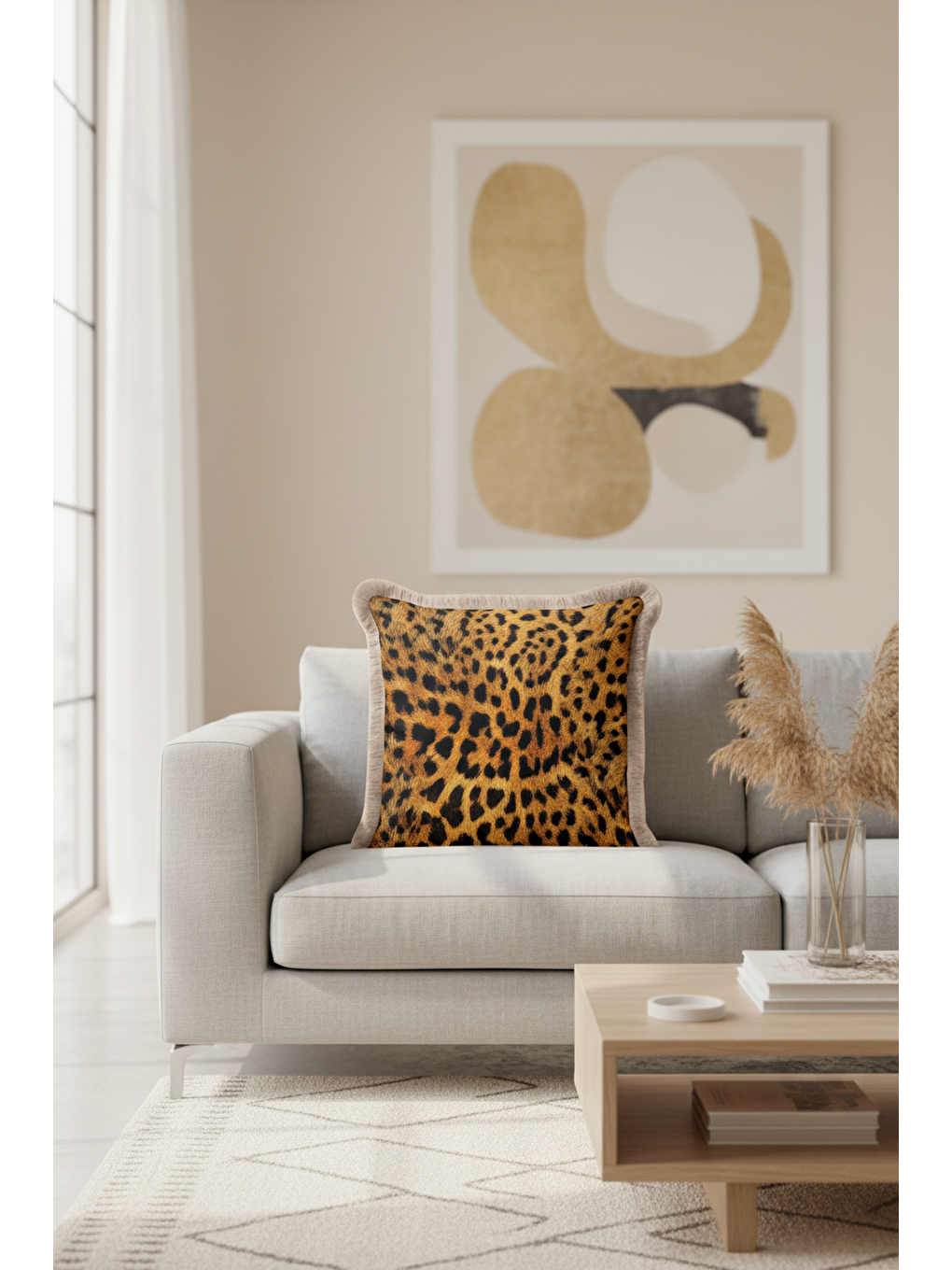 Karışık Vahşi Lüks Leopar Saçaklı Yastık Kılıfı - Asil Safari Bohem Altın Renkli Püsküllü Kırlent Kılıfı-4