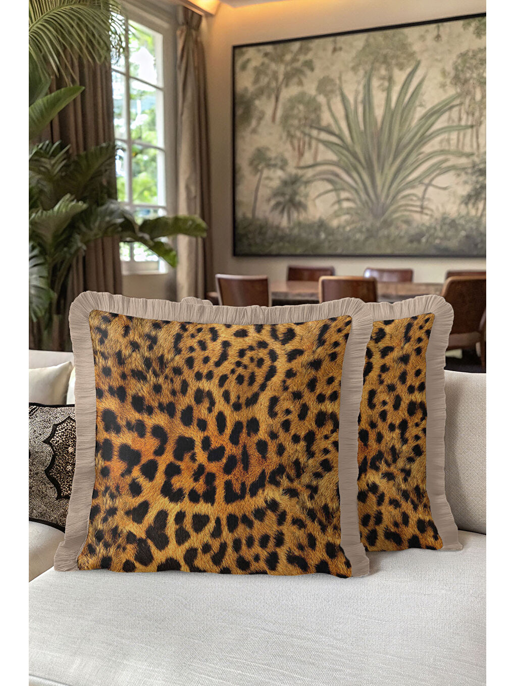 Karışık Vahşi Lüks Leopar Saçaklı Yastık Kılıfı - Asil Safari Bohem Altın Renkli Püsküllü Kırlent Kılıfı-5