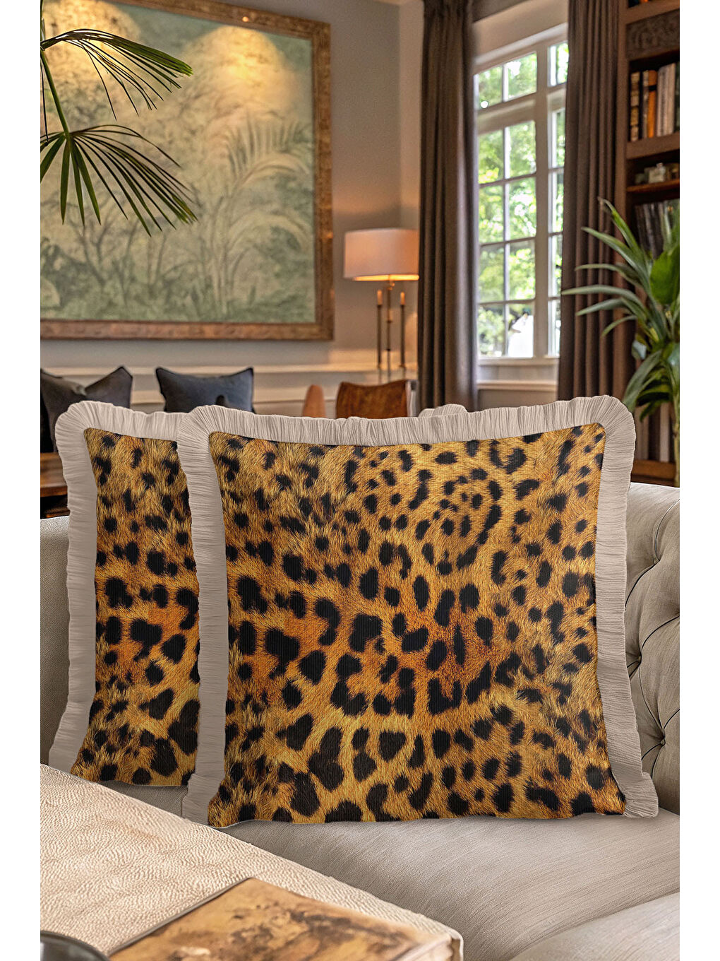 Karışık Vahşi Lüks Leopar Saçaklı Yastık Kılıfı - Asil Safari Bohem Altın Renkli Püsküllü Kırlent Kılıfı-7