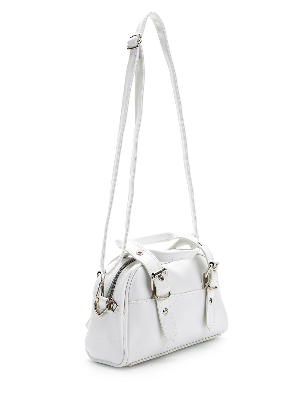Çift Kemer Tokalı Ojos Beyaz Suni Deri Kadın Çapraz Çanta-2
