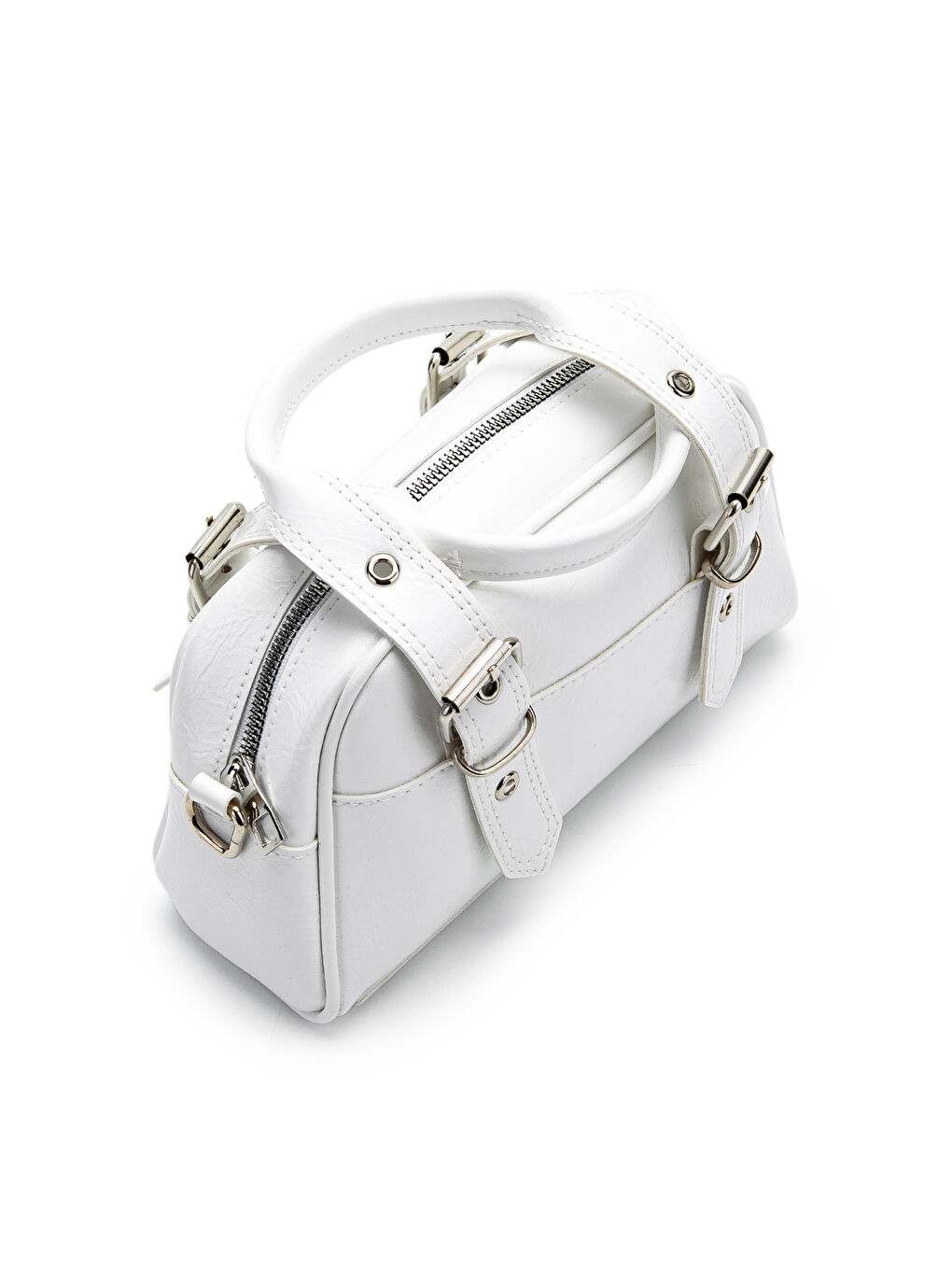 Çift Kemer Tokalı Ojos Beyaz Suni Deri Kadın Çapraz Çanta-3