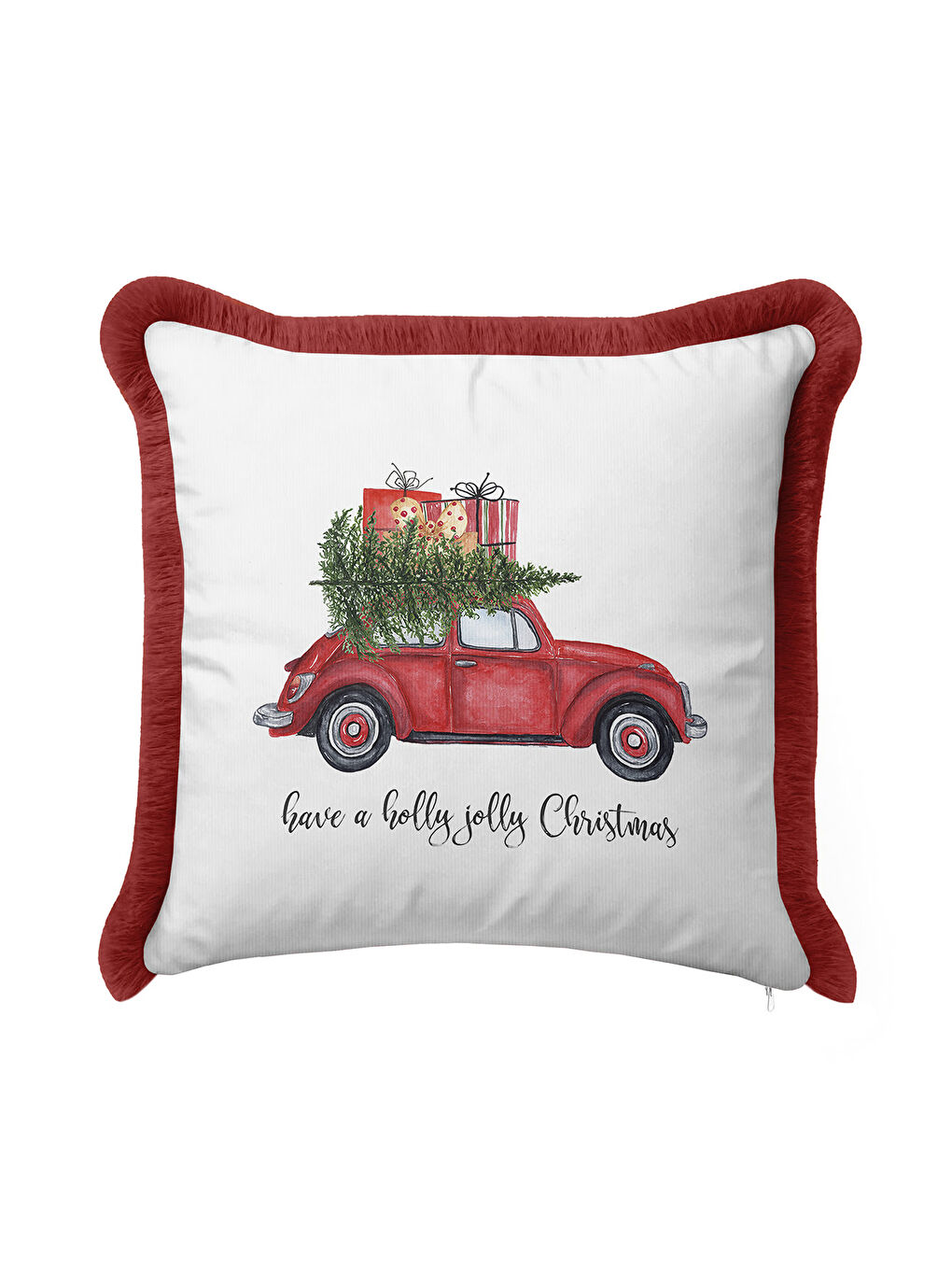 Karışık Kırmızı Araba Temalı Saçaklı Yastık Kılıfı - Vintage Noel Beyaz Kırmızı Püsküllü Kırlent Kılıfı-1
