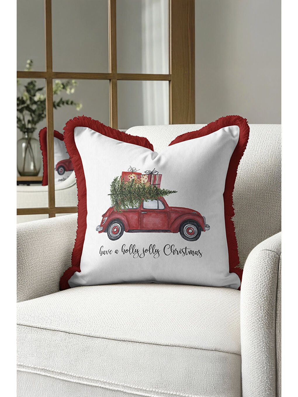 Karışık Kırmızı Araba Temalı Saçaklı Yastık Kılıfı - Vintage Noel Beyaz Kırmızı Püsküllü Kırlent Kılıfı-2