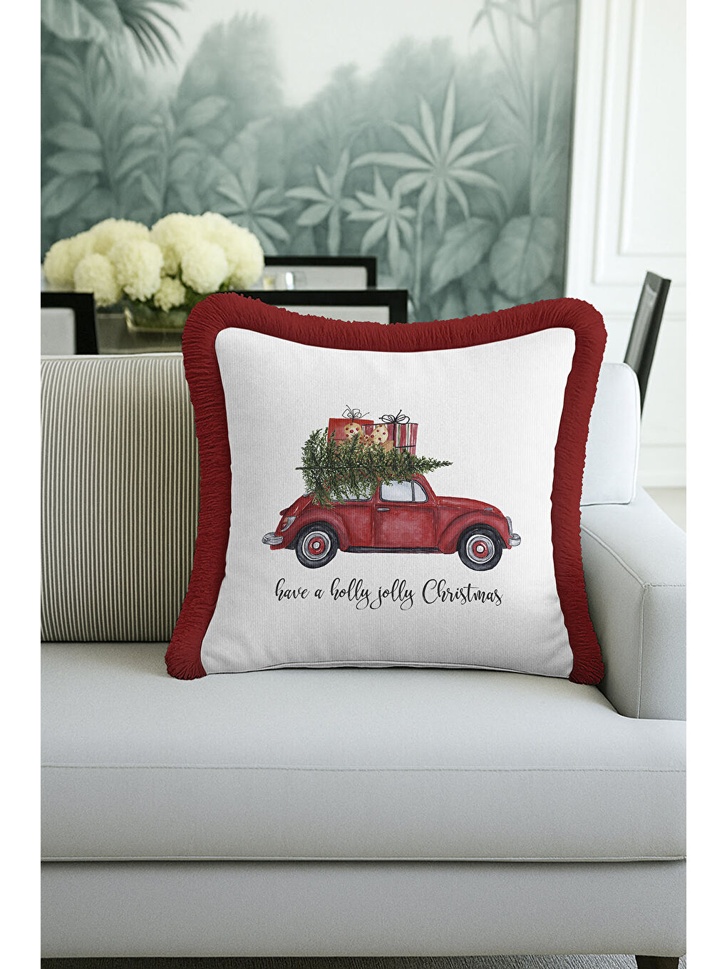Karışık Kırmızı Araba Temalı Saçaklı Yastık Kılıfı - Vintage Noel Beyaz Kırmızı Püsküllü Kırlent Kılıfı-3