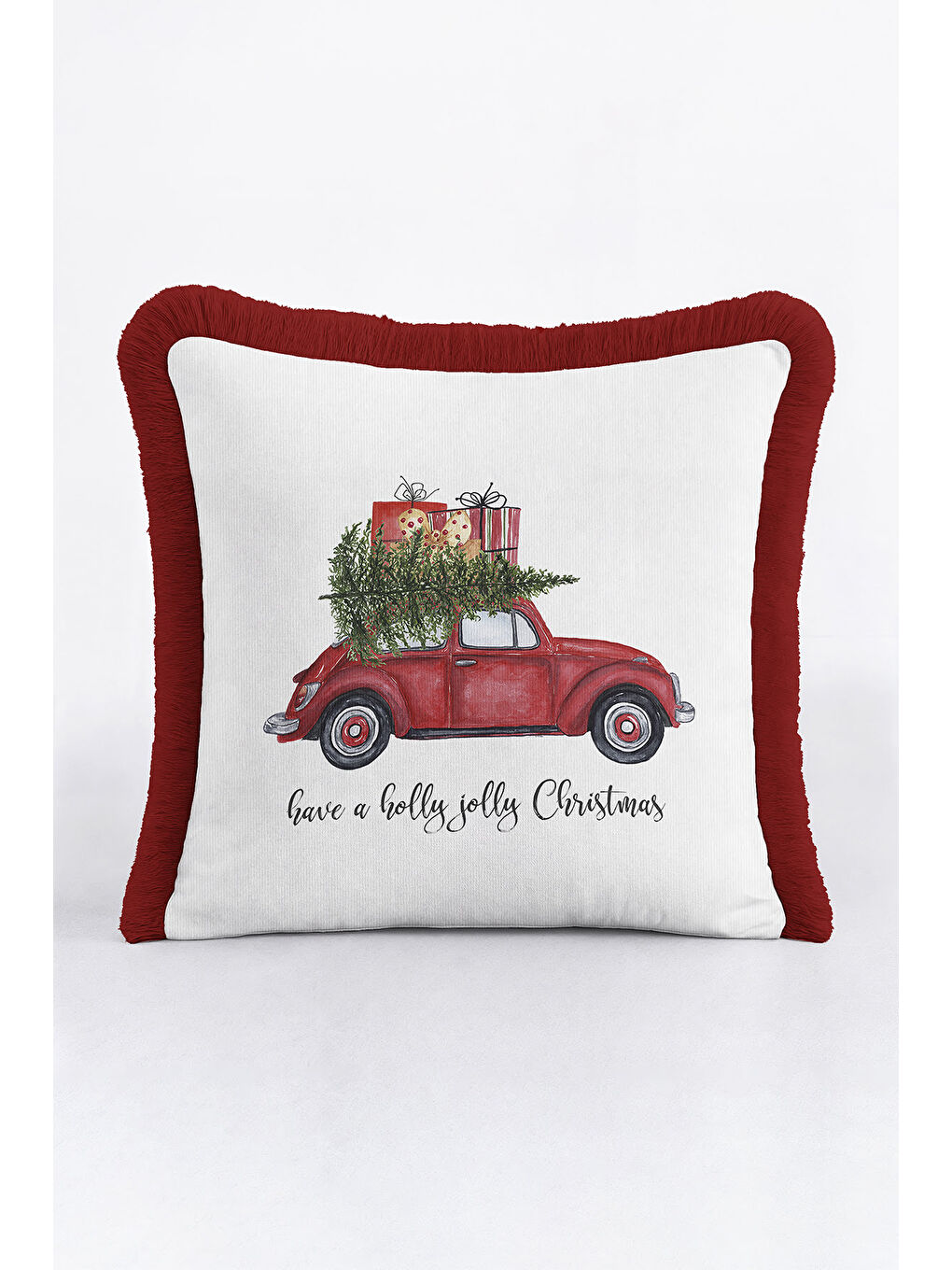 Karışık Kırmızı Araba Temalı Saçaklı Yastık Kılıfı - Vintage Noel Beyaz Kırmızı Püsküllü Kırlent Kılıfı-4
