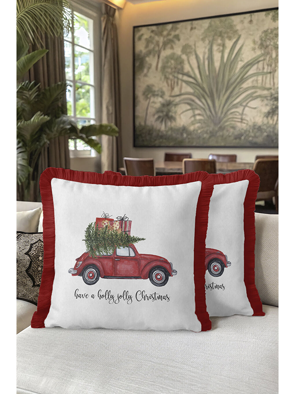 Karışık Kırmızı Araba Temalı Saçaklı Yastık Kılıfı - Vintage Noel Beyaz Kırmızı Püsküllü Kırlent Kılıfı-5