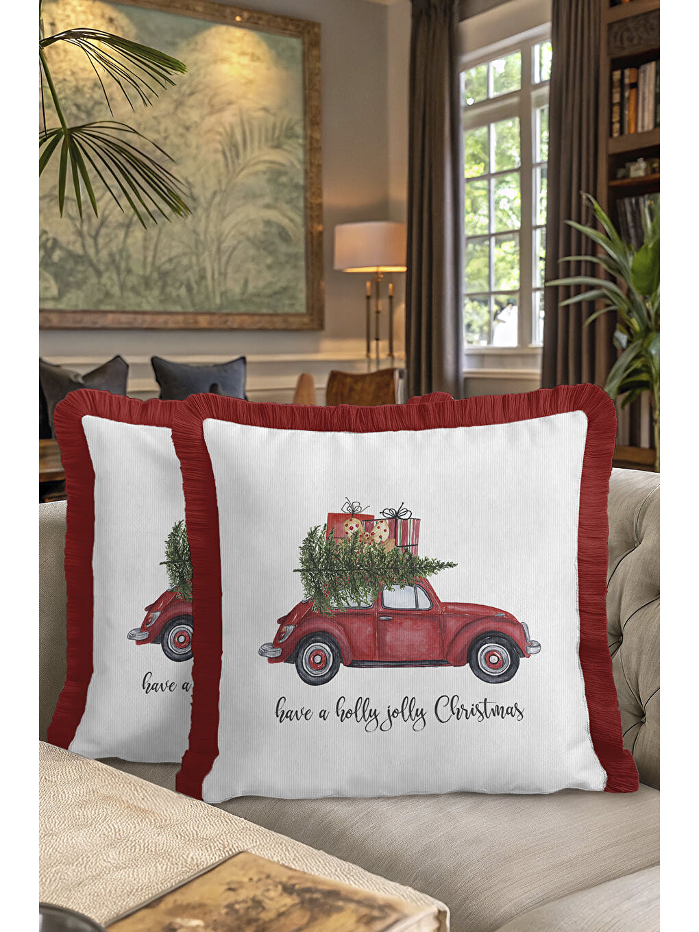 Karışık Kırmızı Araba Temalı Saçaklı Yastık Kılıfı - Vintage Noel Beyaz Kırmızı Püsküllü Kırlent Kılıfı-7