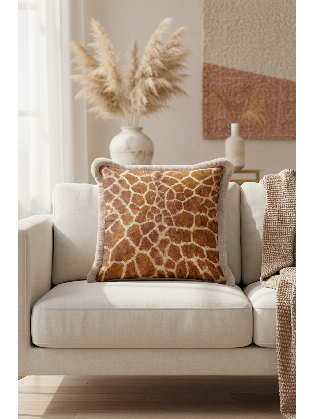 Karışık Lüks Safari Dokulu Saçaklı Yastık Kılıfı - Vahşi Doğa Temalı Bohem Bej Püsküllü Kırlent Kılıfı-1