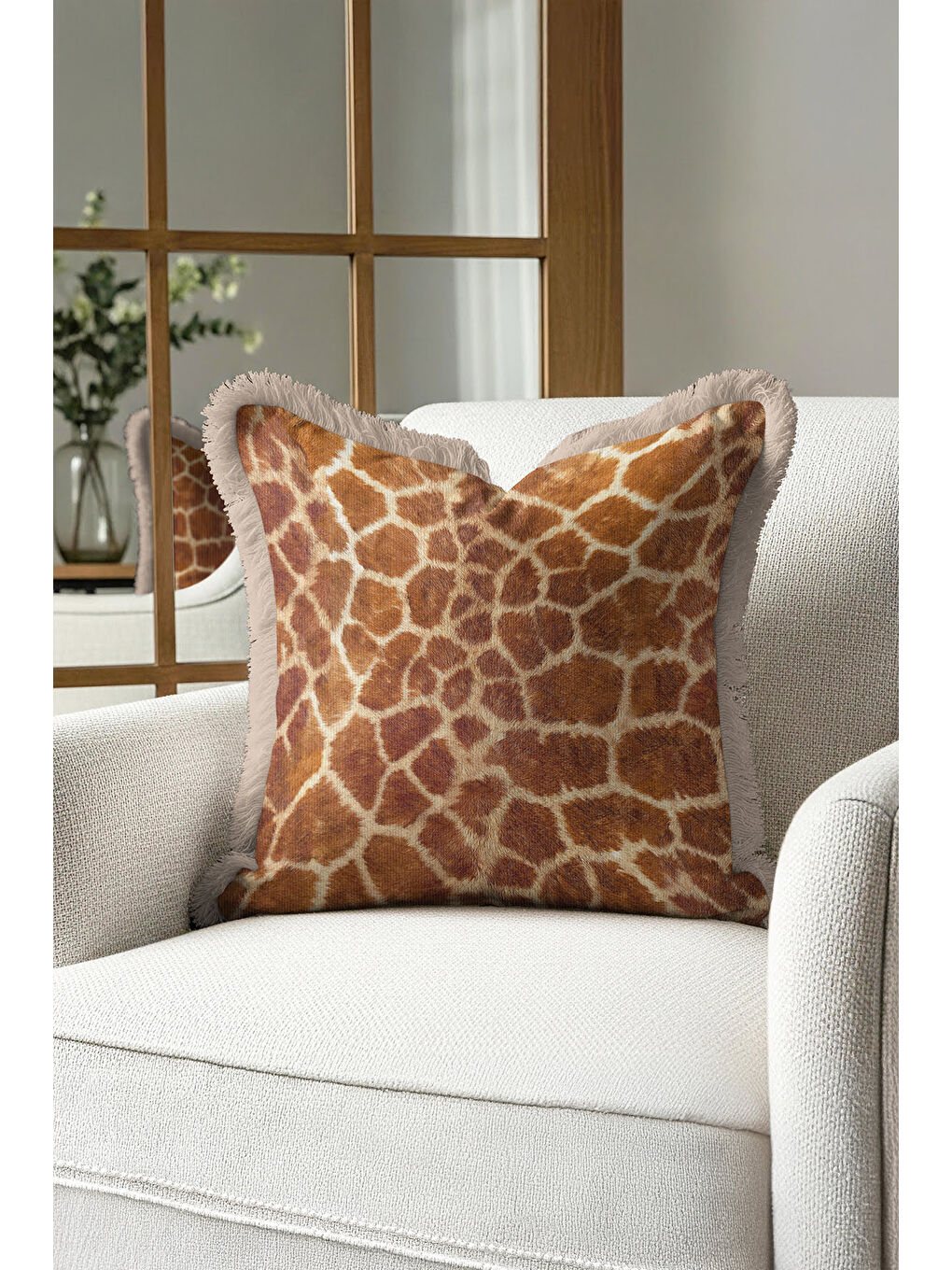 Karışık Lüks Safari Dokulu Saçaklı Yastık Kılıfı - Vahşi Doğa Temalı Bohem Bej Püsküllü Kırlent Kılıfı-2