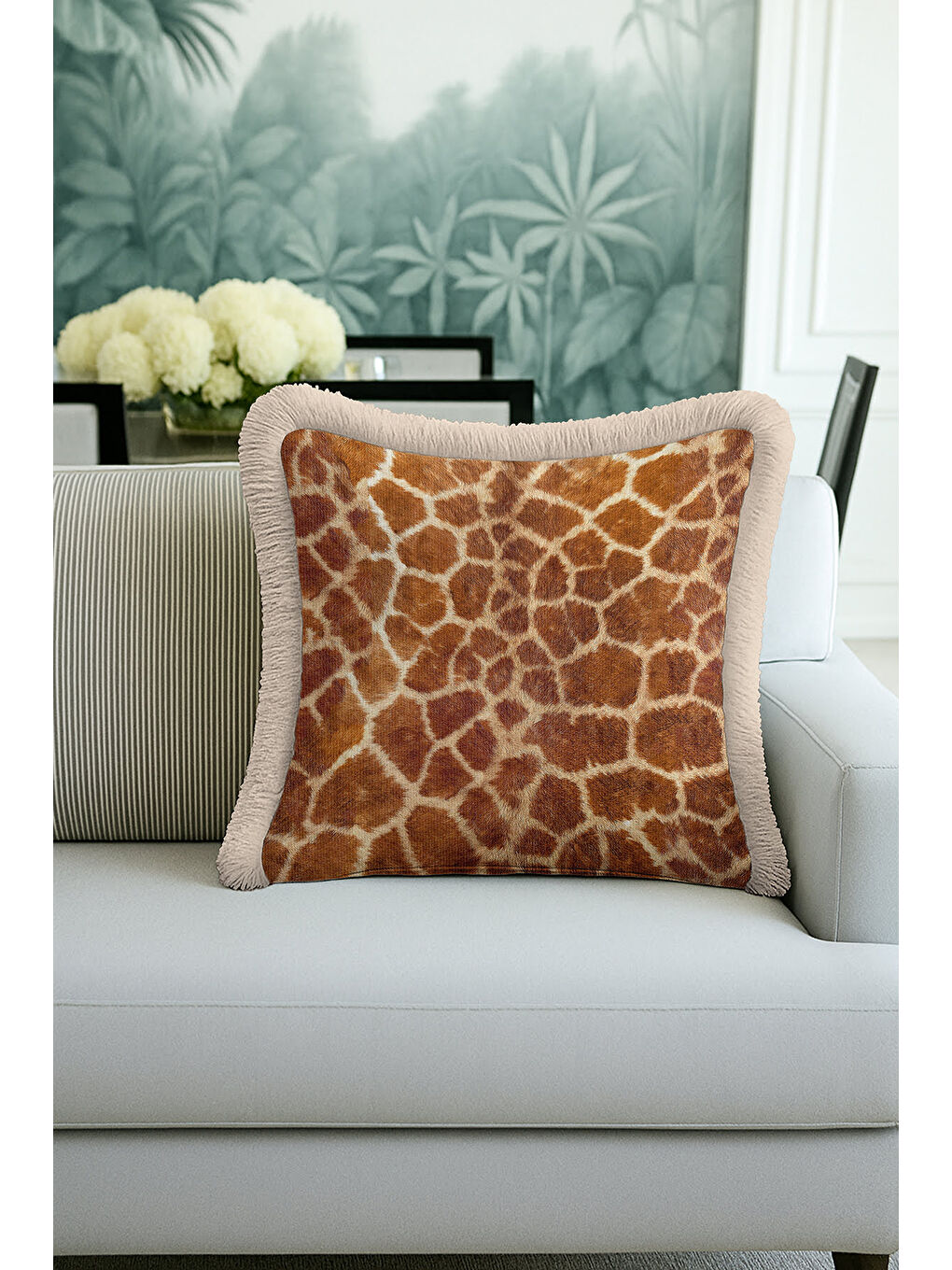 Karışık Lüks Safari Dokulu Saçaklı Yastık Kılıfı - Vahşi Doğa Temalı Bohem Bej Püsküllü Kırlent Kılıfı-3