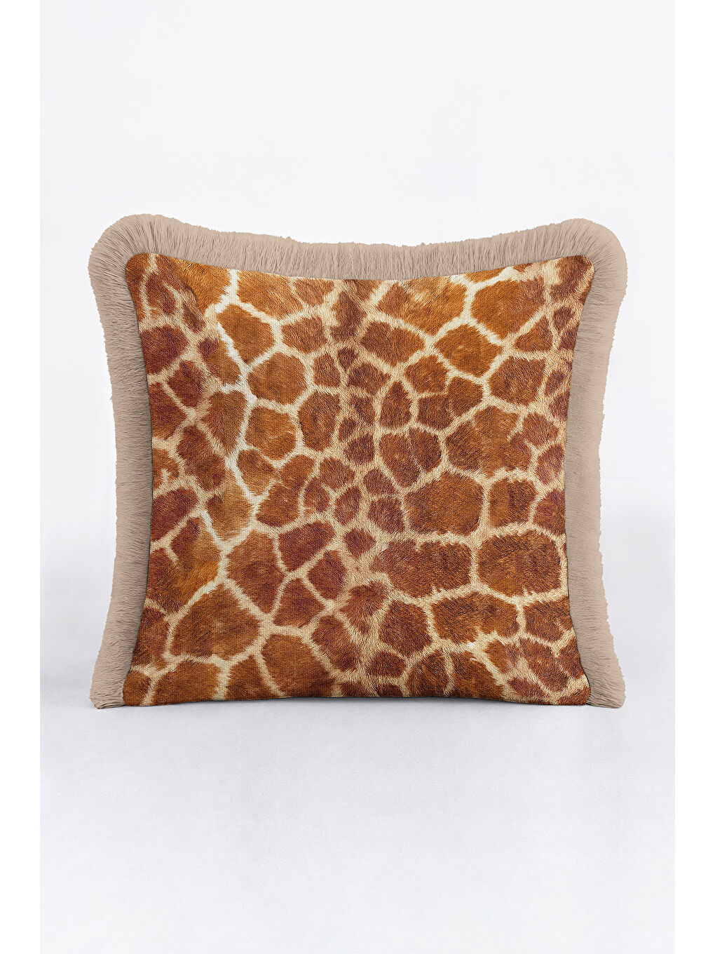 Karışık Lüks Safari Dokulu Saçaklı Yastık Kılıfı - Vahşi Doğa Temalı Bohem Bej Püsküllü Kırlent Kılıfı-4