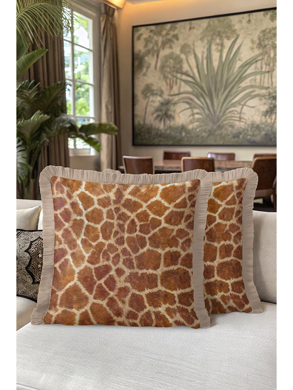 Karışık Lüks Safari Dokulu Saçaklı Yastık Kılıfı - Vahşi Doğa Temalı Bohem Bej Püsküllü Kırlent Kılıfı-5