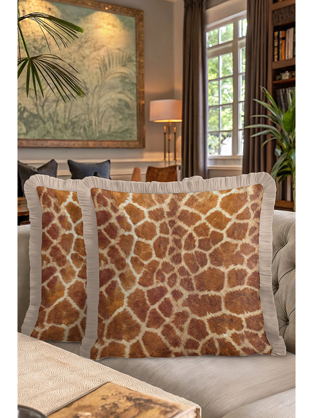 Karışık Lüks Safari Dokulu Saçaklı Yastık Kılıfı - Vahşi Doğa Temalı Bohem Bej Püsküllü Kırlent Kılıfı-7