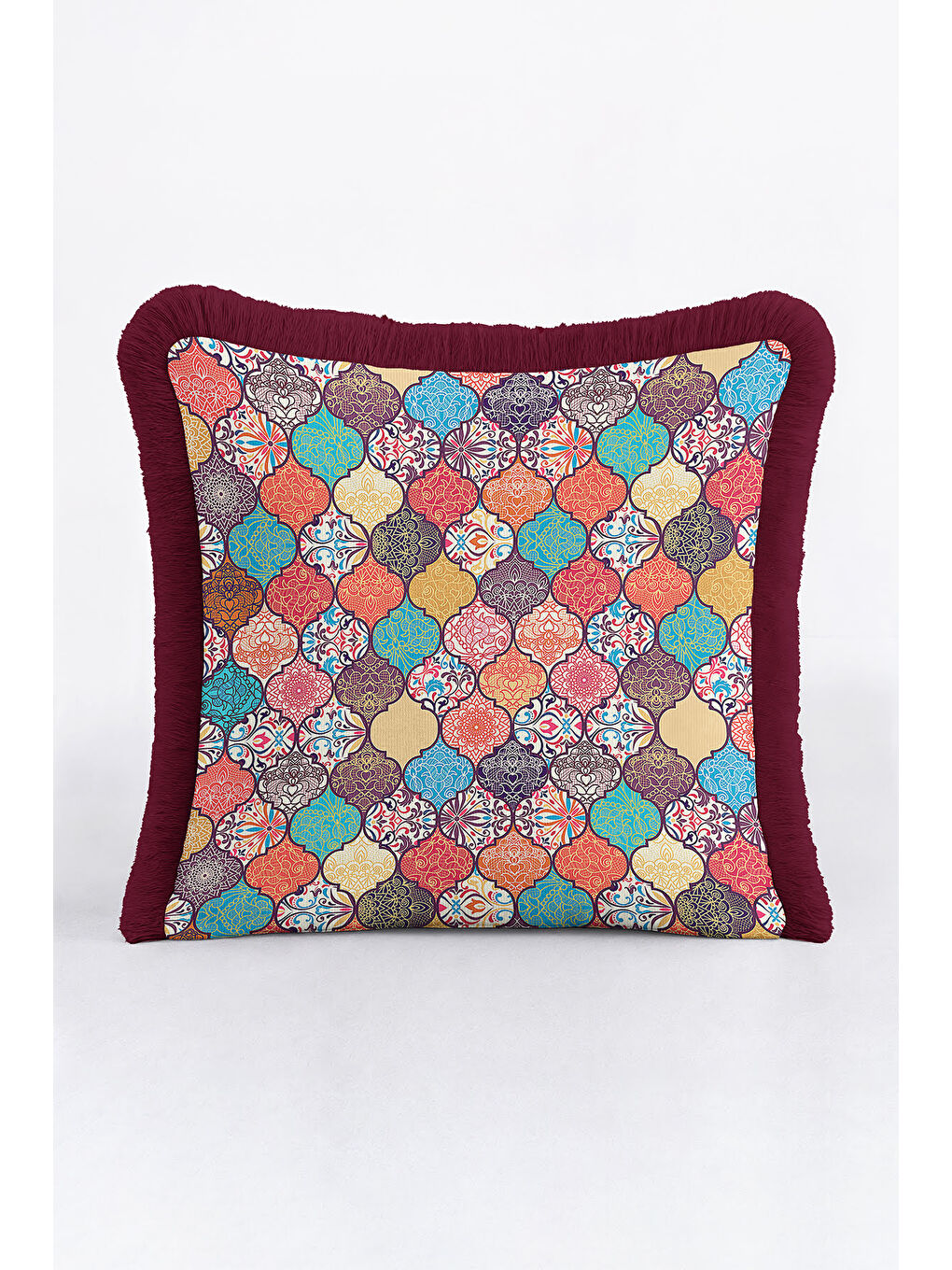 Karışık Oriental Motif Saçaklı Yastık Kılıfı - Etnik Esinti Mor Altın Renkli Püsküllü Kırlent Kılıfı