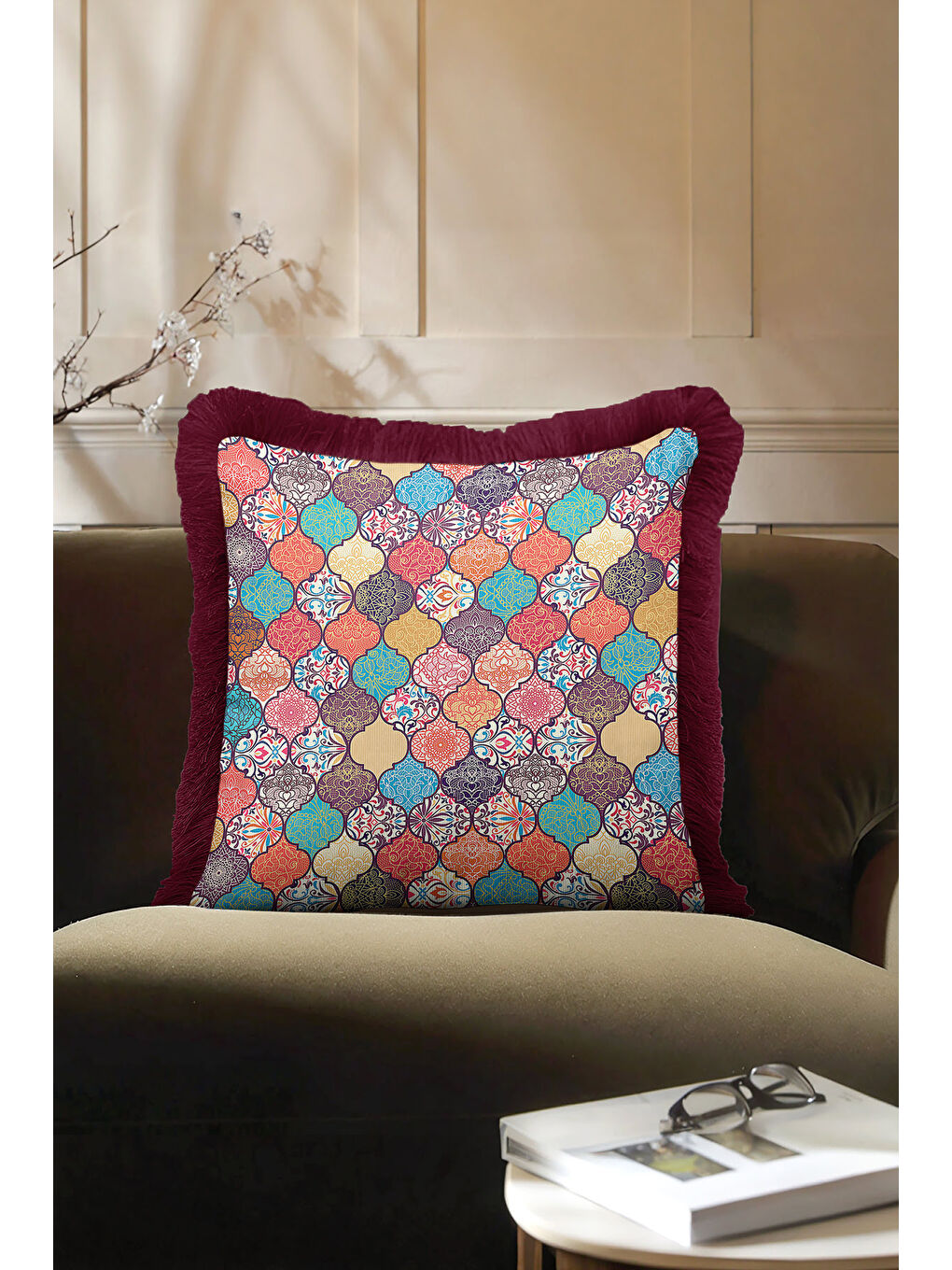 Karışık Oriental Motif Saçaklı Yastık Kılıfı - Etnik Esinti Mor Altın Renkli Püsküllü Kırlent Kılıfı-1