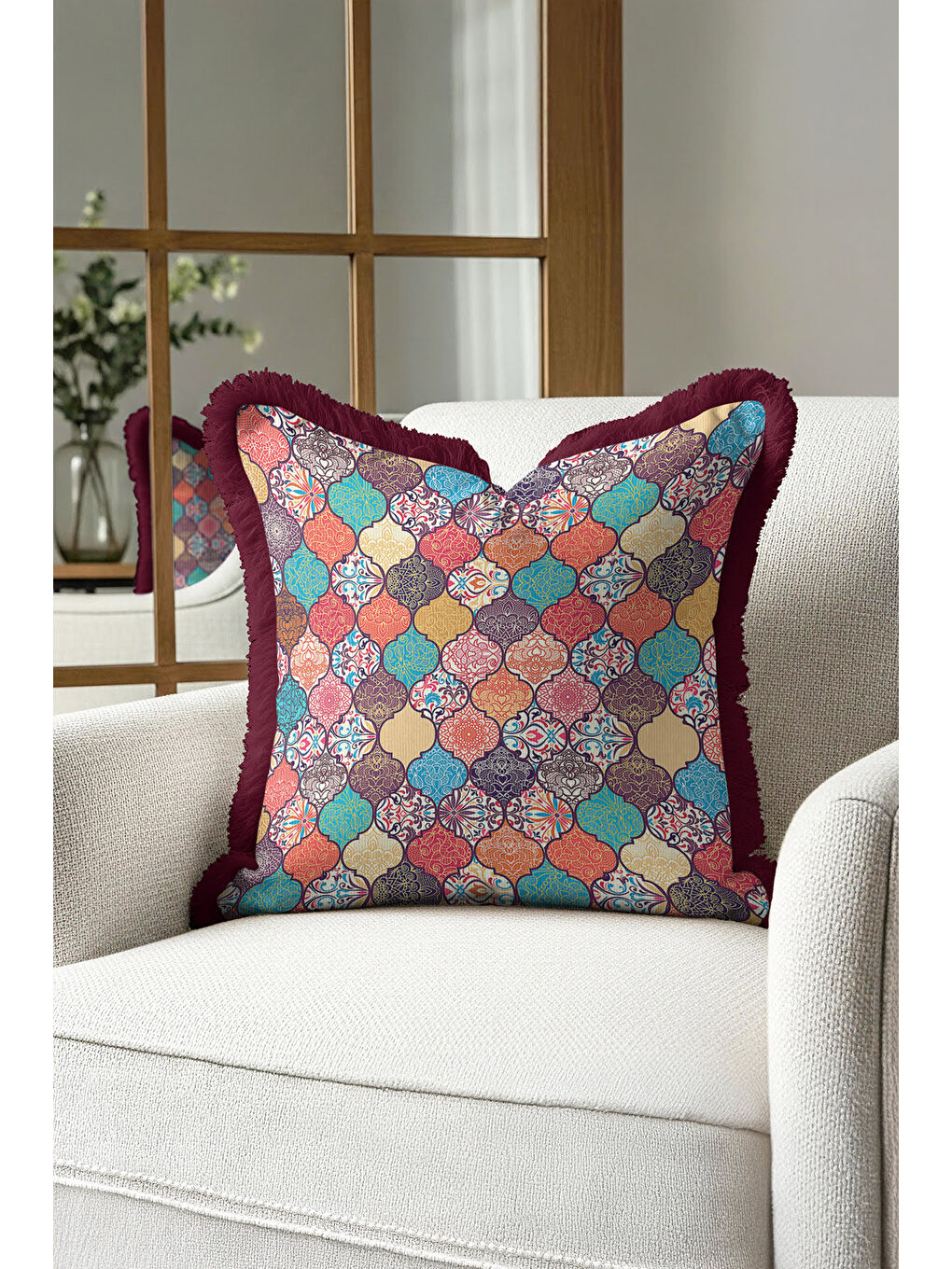 Karışık Oriental Motif Saçaklı Yastık Kılıfı - Etnik Esinti Mor Altın Renkli Püsküllü Kırlent Kılıfı-2