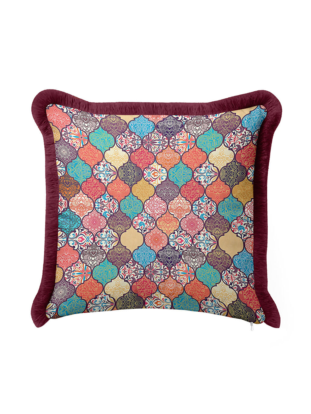 Karışık Oriental Motif Saçaklı Yastık Kılıfı - Etnik Esinti Mor Altın Renkli Püsküllü Kırlent Kılıfı-3