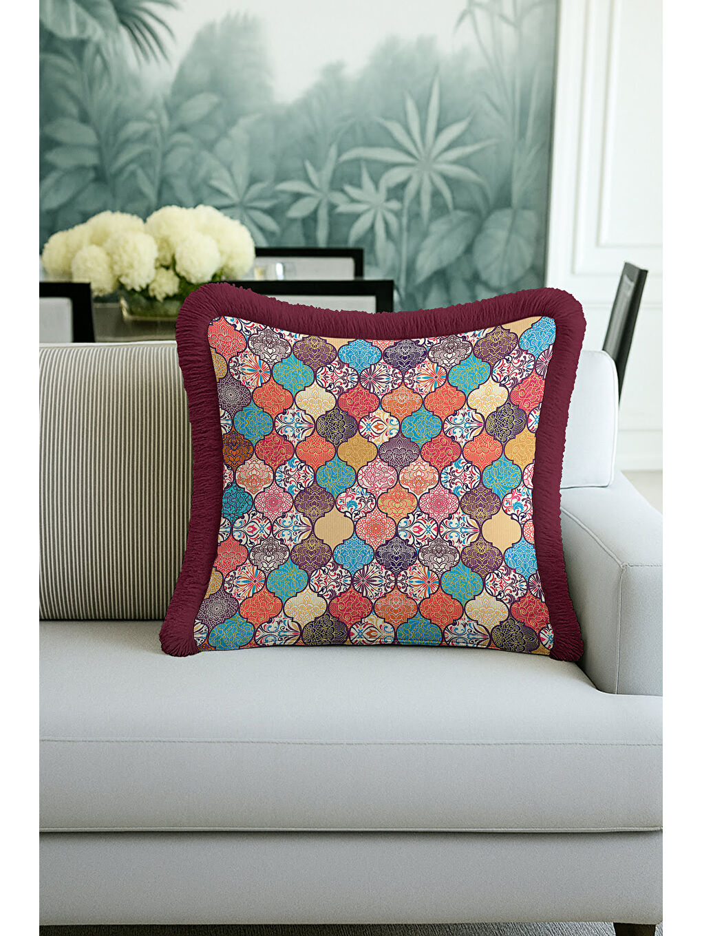 Karışık Oriental Motif Saçaklı Yastık Kılıfı - Etnik Esinti Mor Altın Renkli Püsküllü Kırlent Kılıfı-4