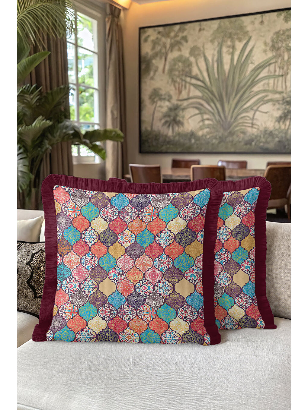 Karışık Oriental Motif Saçaklı Yastık Kılıfı - Etnik Esinti Mor Altın Renkli Püsküllü Kırlent Kılıfı-5