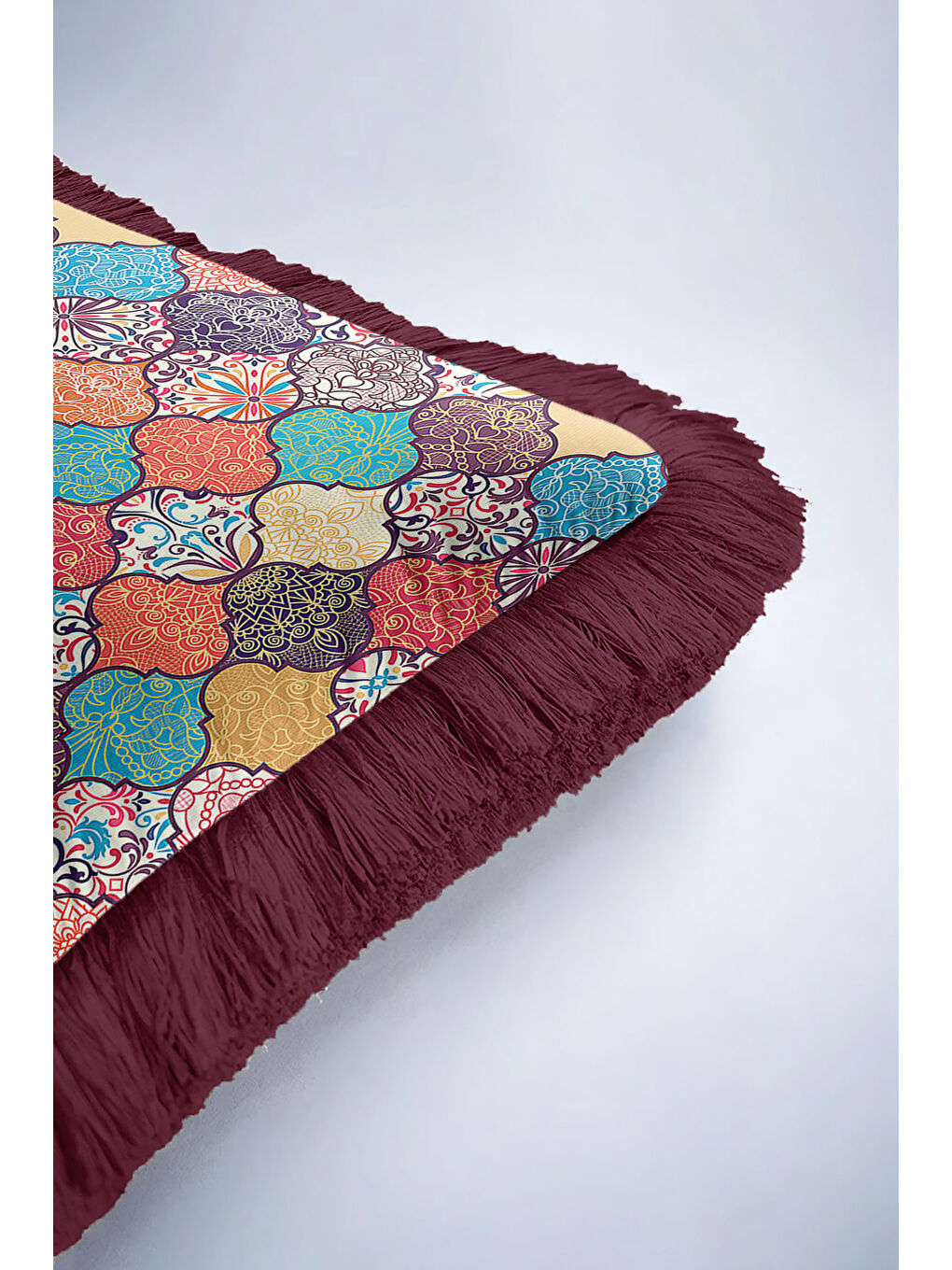 Karışık Oriental Motif Saçaklı Yastık Kılıfı - Etnik Esinti Mor Altın Renkli Püsküllü Kırlent Kılıfı-6