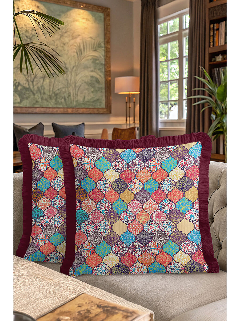 Karışık Oriental Motif Saçaklı Yastık Kılıfı - Etnik Esinti Mor Altın Renkli Püsküllü Kırlent Kılıfı-7