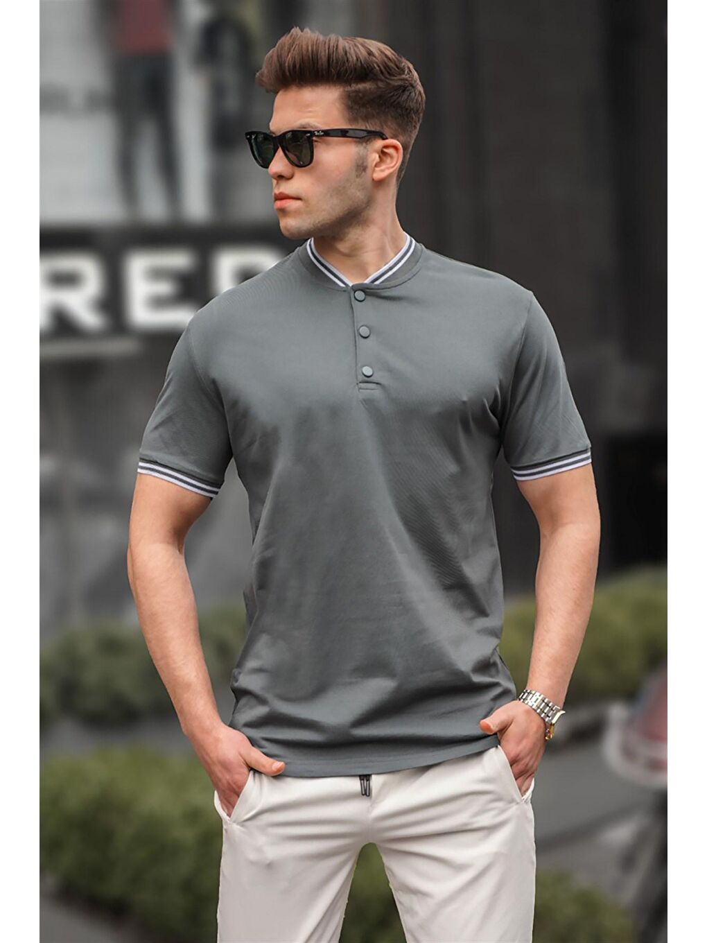 Gri Füme Düz Polo Yaka Erkek Tişört