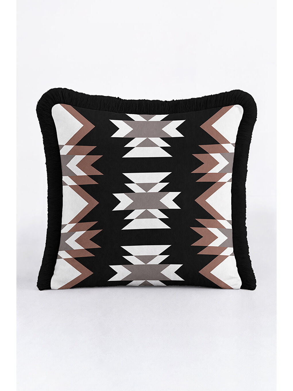Karışık Etnik Geometrik Saçaklı Yastık Kılıfı - Bohem Rustik Siyah Kahverengi Püsküllü Kırlent Kılıfı-1