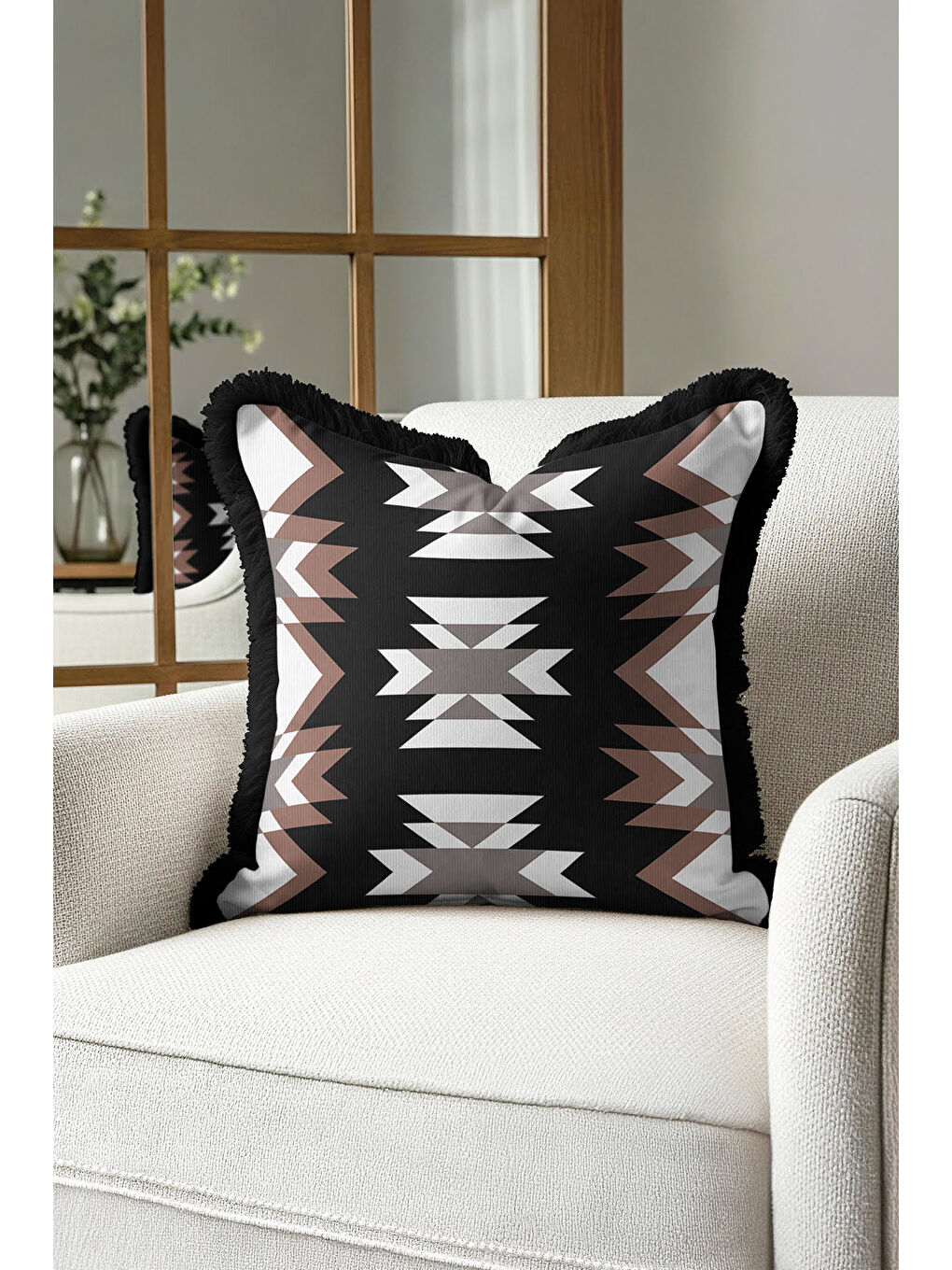 Karışık Etnik Geometrik Saçaklı Yastık Kılıfı - Bohem Rustik Siyah Kahverengi Püsküllü Kırlent Kılıfı-2