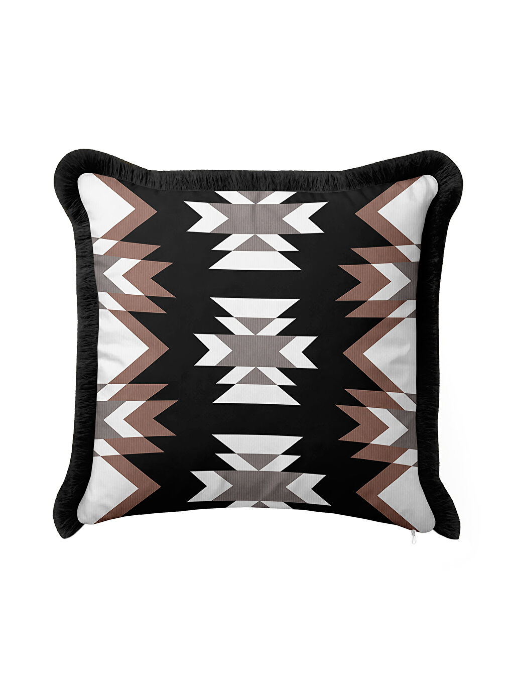 Karışık Etnik Geometrik Saçaklı Yastık Kılıfı - Bohem Rustik Siyah Kahverengi Püsküllü Kırlent Kılıfı-3