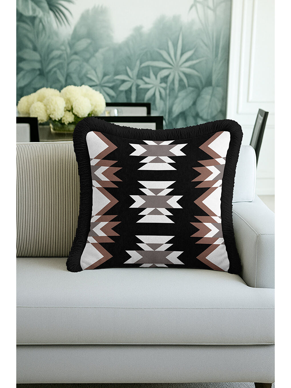 Karışık Etnik Geometrik Saçaklı Yastık Kılıfı - Bohem Rustik Siyah Kahverengi Püsküllü Kırlent Kılıfı-4