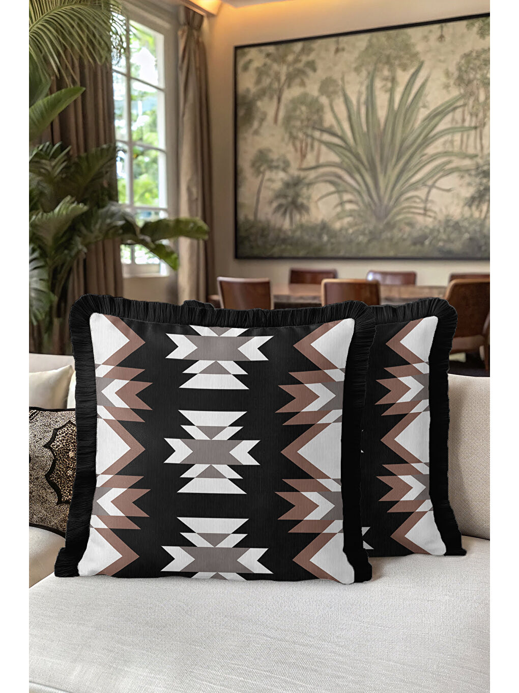 Karışık Etnik Geometrik Saçaklı Yastık Kılıfı - Bohem Rustik Siyah Kahverengi Püsküllü Kırlent Kılıfı-5