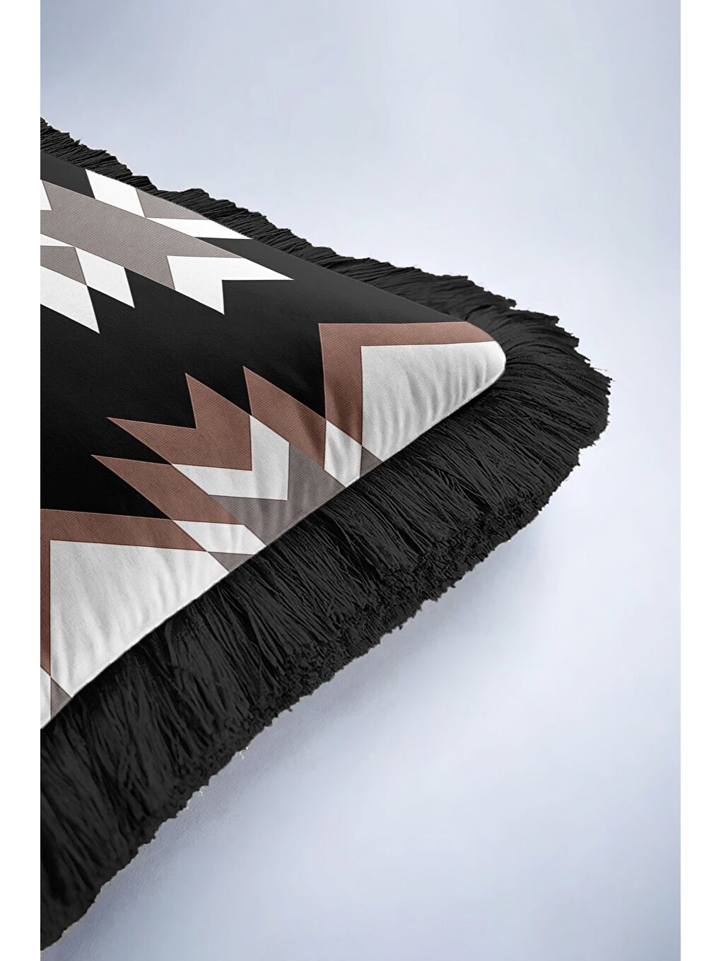 Karışık Etnik Geometrik Saçaklı Yastık Kılıfı - Bohem Rustik Siyah Kahverengi Püsküllü Kırlent Kılıfı-6
