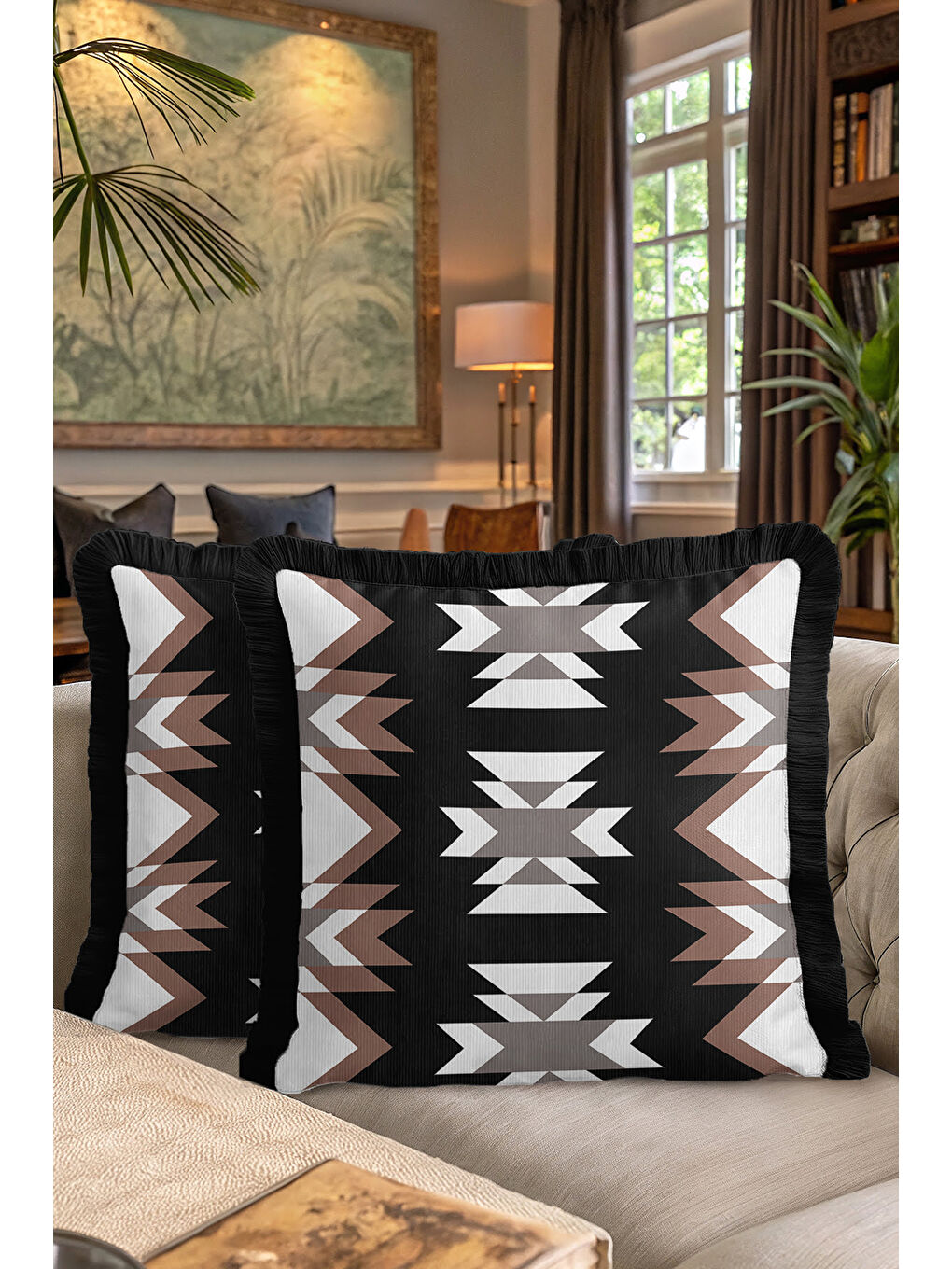 Karışık Etnik Geometrik Saçaklı Yastık Kılıfı - Bohem Rustik Siyah Kahverengi Püsküllü Kırlent Kılıfı-7