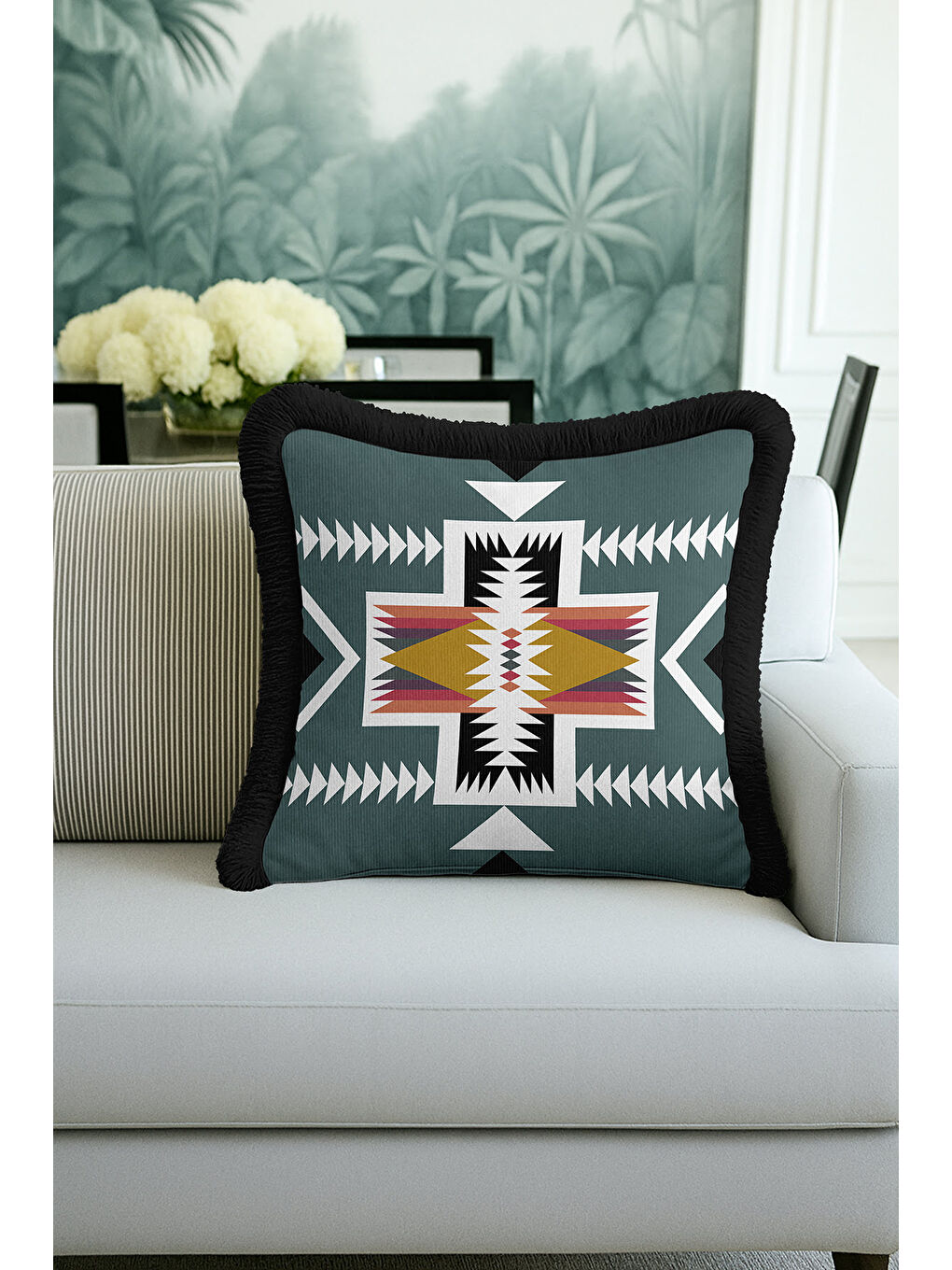Karışık Etnik Motifli Saçaklı Yastık Kılıfı - Geometrik Bohem Yeşil Siyah Püsküllü Kırlent Kılıfı-2