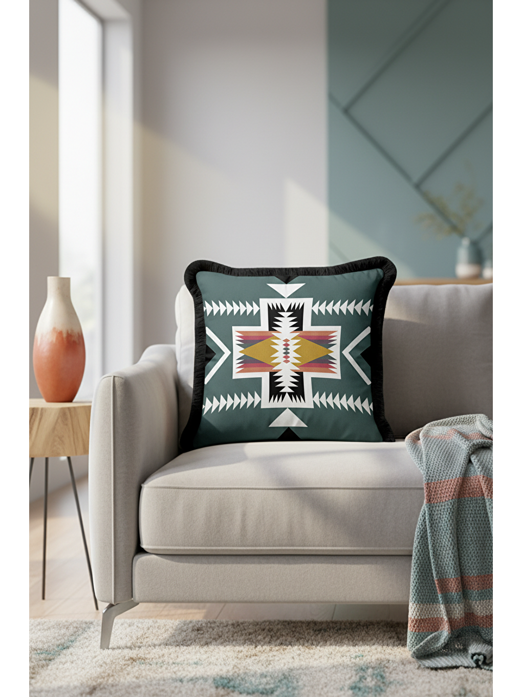 Karışık Etnik Motifli Saçaklı Yastık Kılıfı - Geometrik Bohem Yeşil Siyah Püsküllü Kırlent Kılıfı-3