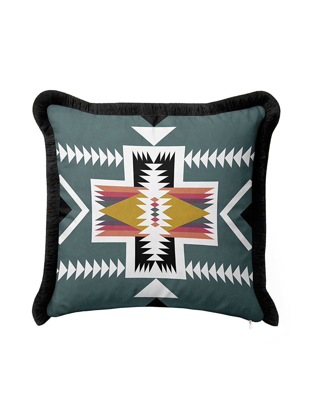 Karışık Etnik Motifli Saçaklı Yastık Kılıfı - Geometrik Bohem Yeşil Siyah Püsküllü Kırlent Kılıfı-4