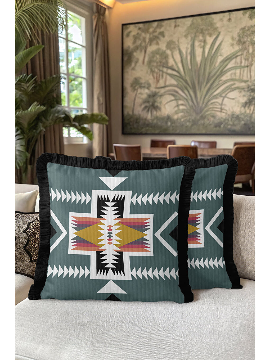 Karışık Etnik Motifli Saçaklı Yastık Kılıfı - Geometrik Bohem Yeşil Siyah Püsküllü Kırlent Kılıfı-5
