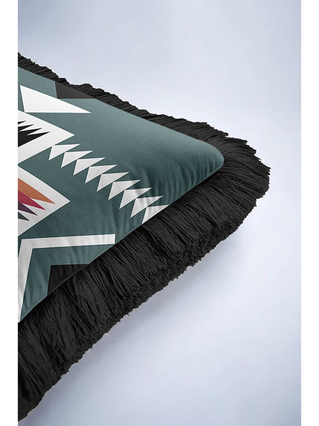Karışık Etnik Motifli Saçaklı Yastık Kılıfı - Geometrik Bohem Yeşil Siyah Püsküllü Kırlent Kılıfı-6