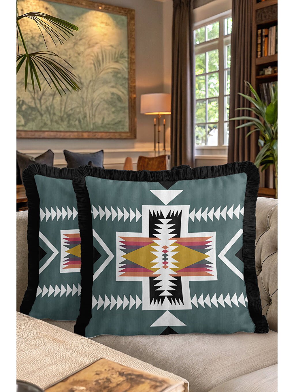 Karışık Etnik Motifli Saçaklı Yastık Kılıfı - Geometrik Bohem Yeşil Siyah Püsküllü Kırlent Kılıfı-7