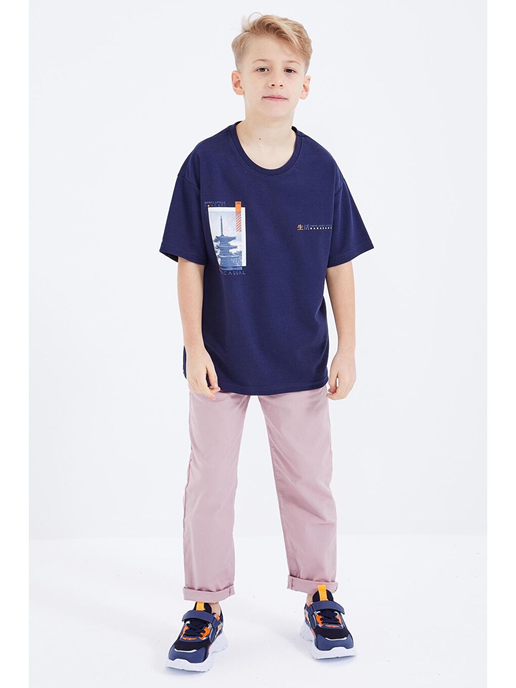 İndigo Oversize Baskılı Kısa Kollu O Yaka Erkek Çocuk Tişört  - 10925-1