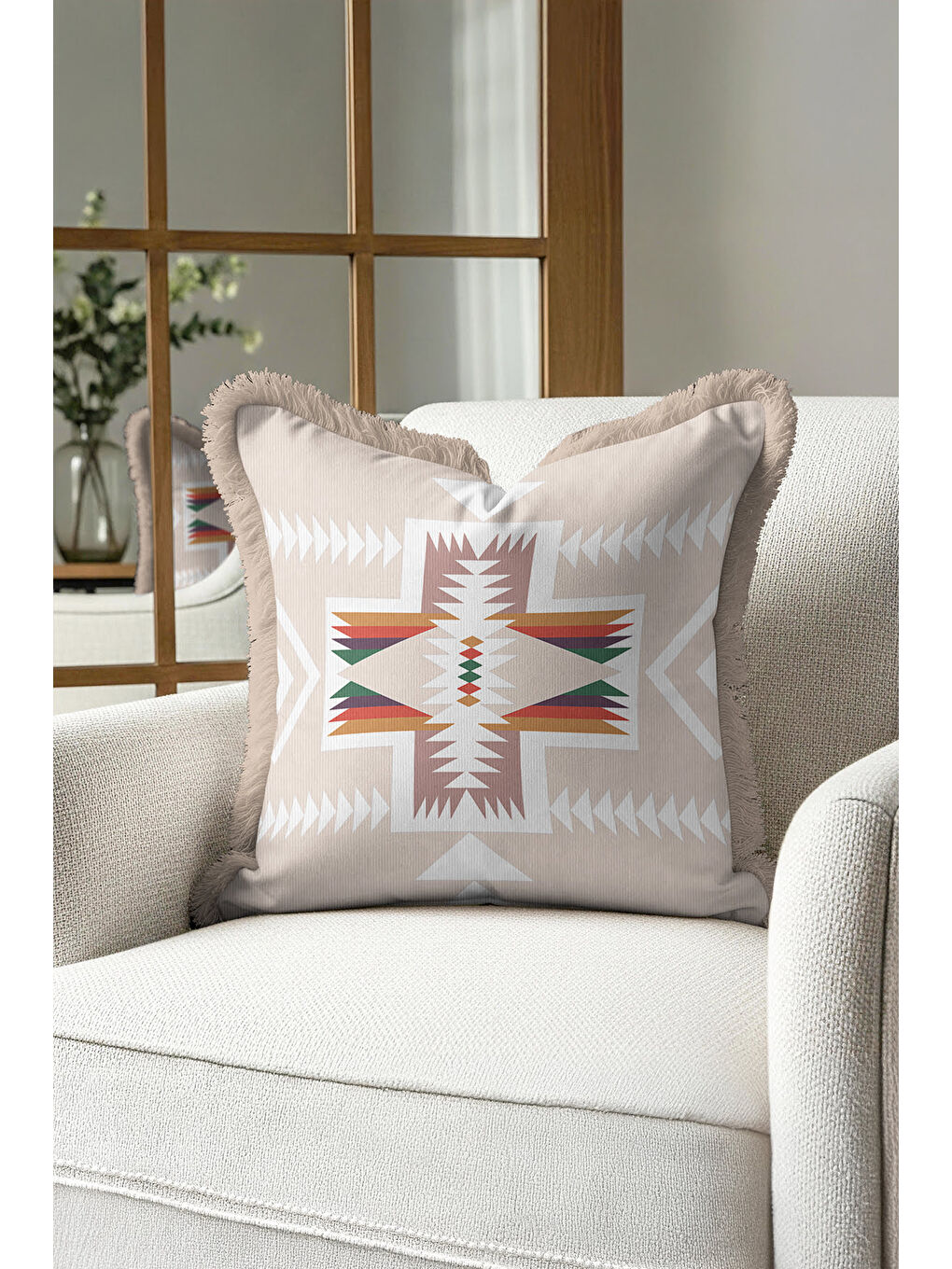 Karışık Etnik Geometrik Saçaklı Yastık Kılıfı - Bohem Tribal Bej Krem Püsküllü Kırlent Kılıfı-1