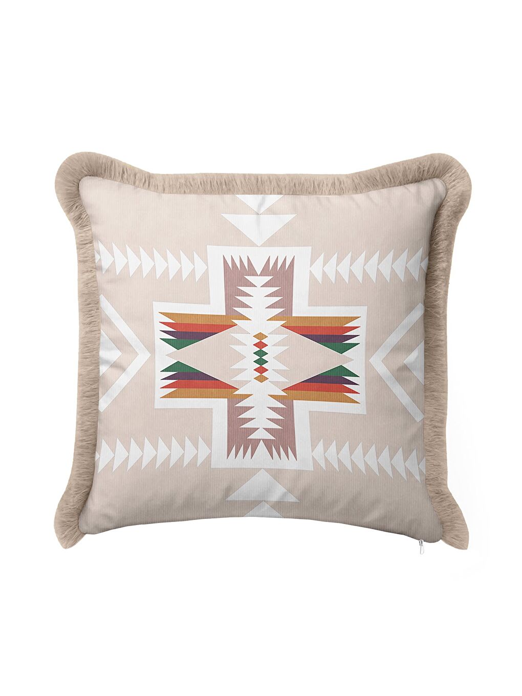 Karışık Etnik Geometrik Saçaklı Yastık Kılıfı - Bohem Tribal Bej Krem Püsküllü Kırlent Kılıfı-2