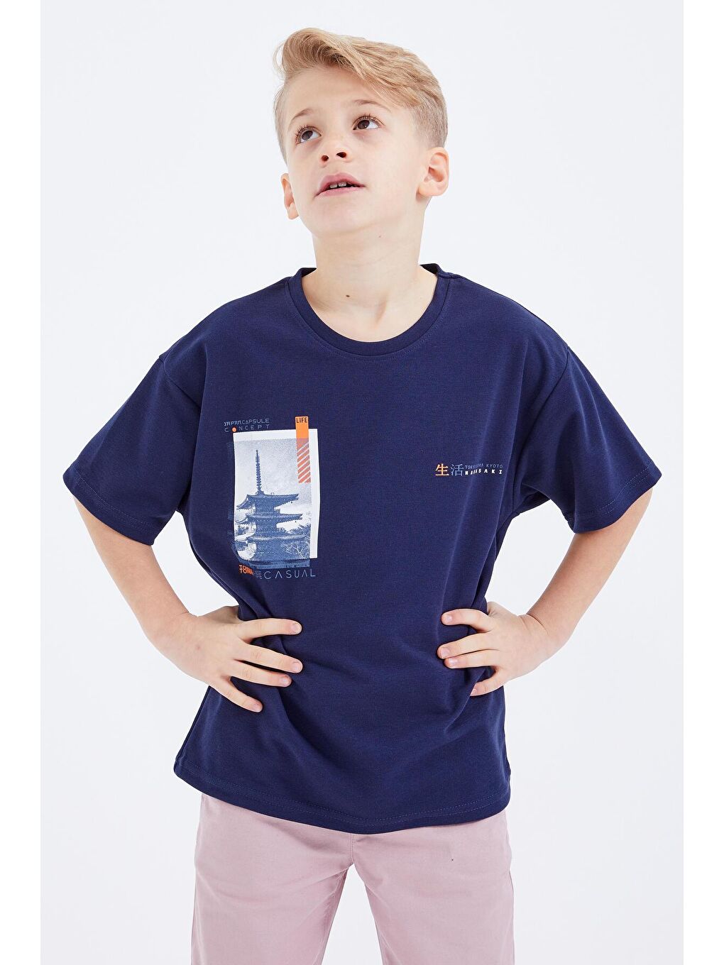 İndigo Oversize Baskılı Kısa Kollu O Yaka Erkek Çocuk Tişört  - 10925-2