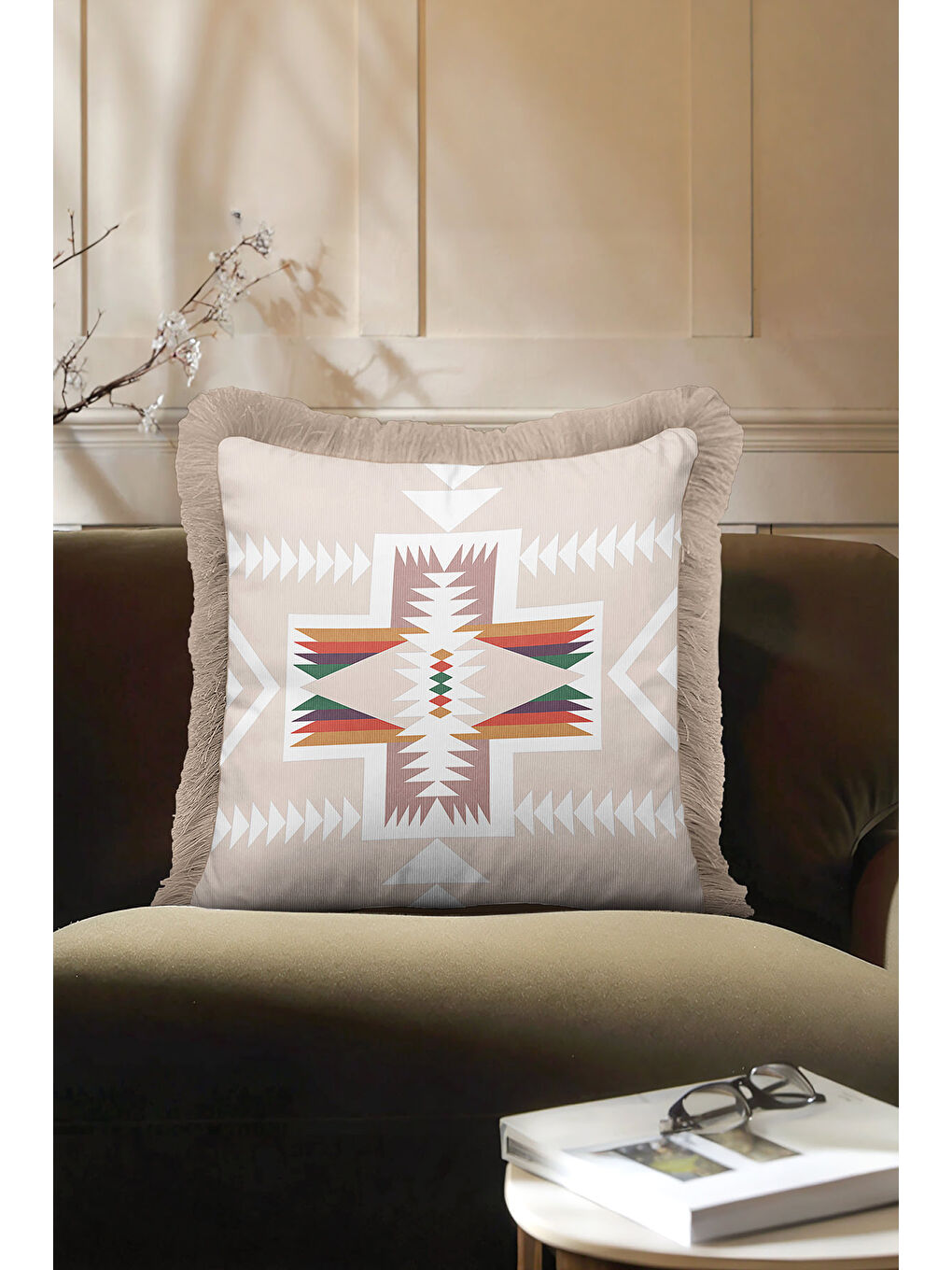 Karışık Etnik Geometrik Saçaklı Yastık Kılıfı - Bohem Tribal Bej Krem Püsküllü Kırlent Kılıfı-3
