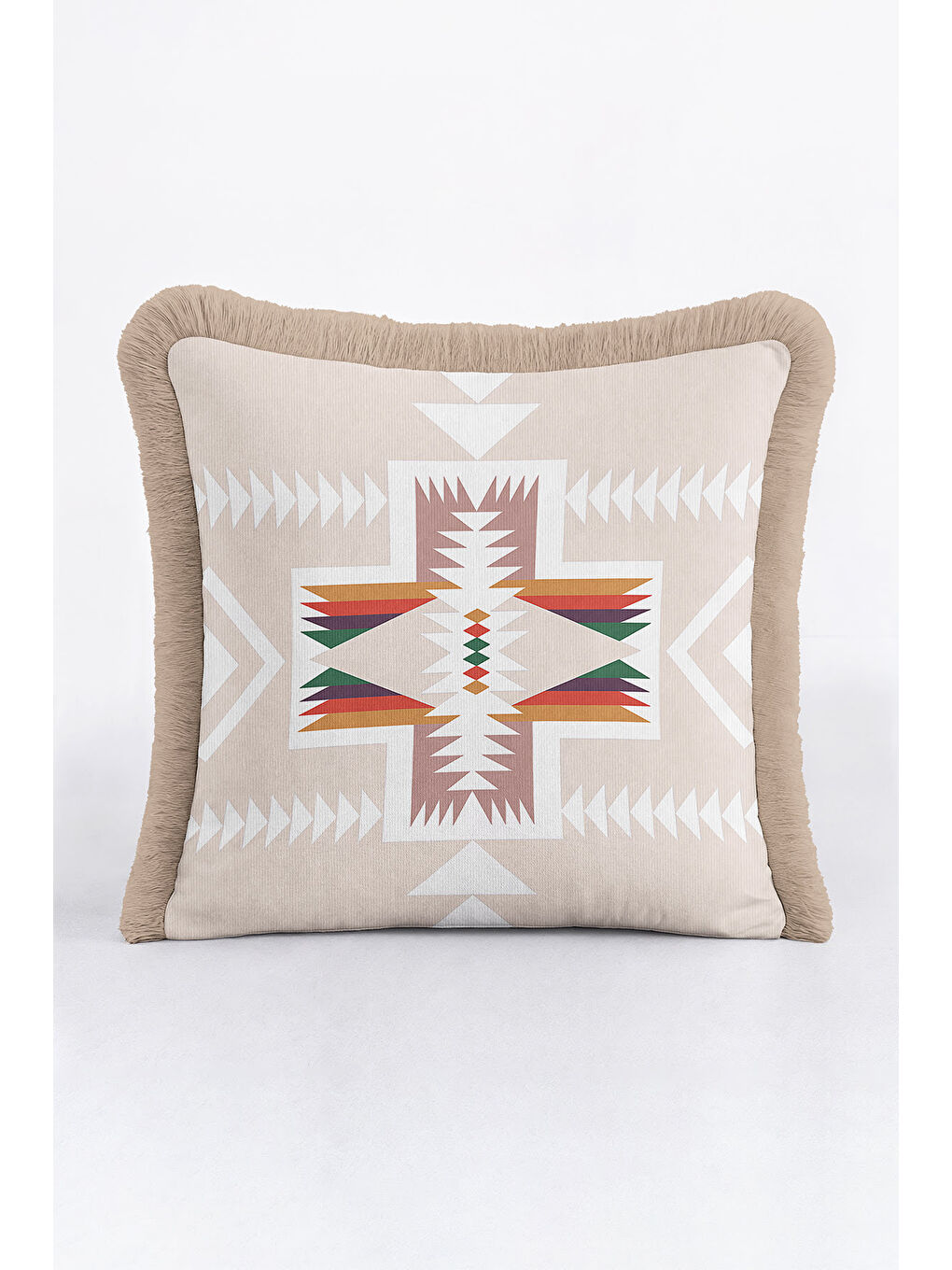 Karışık Etnik Geometrik Saçaklı Yastık Kılıfı - Bohem Tribal Bej Krem Püsküllü Kırlent Kılıfı-4