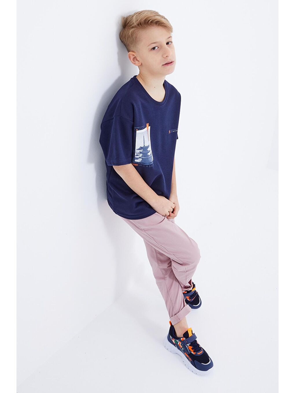 İndigo Oversize Baskılı Kısa Kollu O Yaka Erkek Çocuk Tişört  - 10925-3