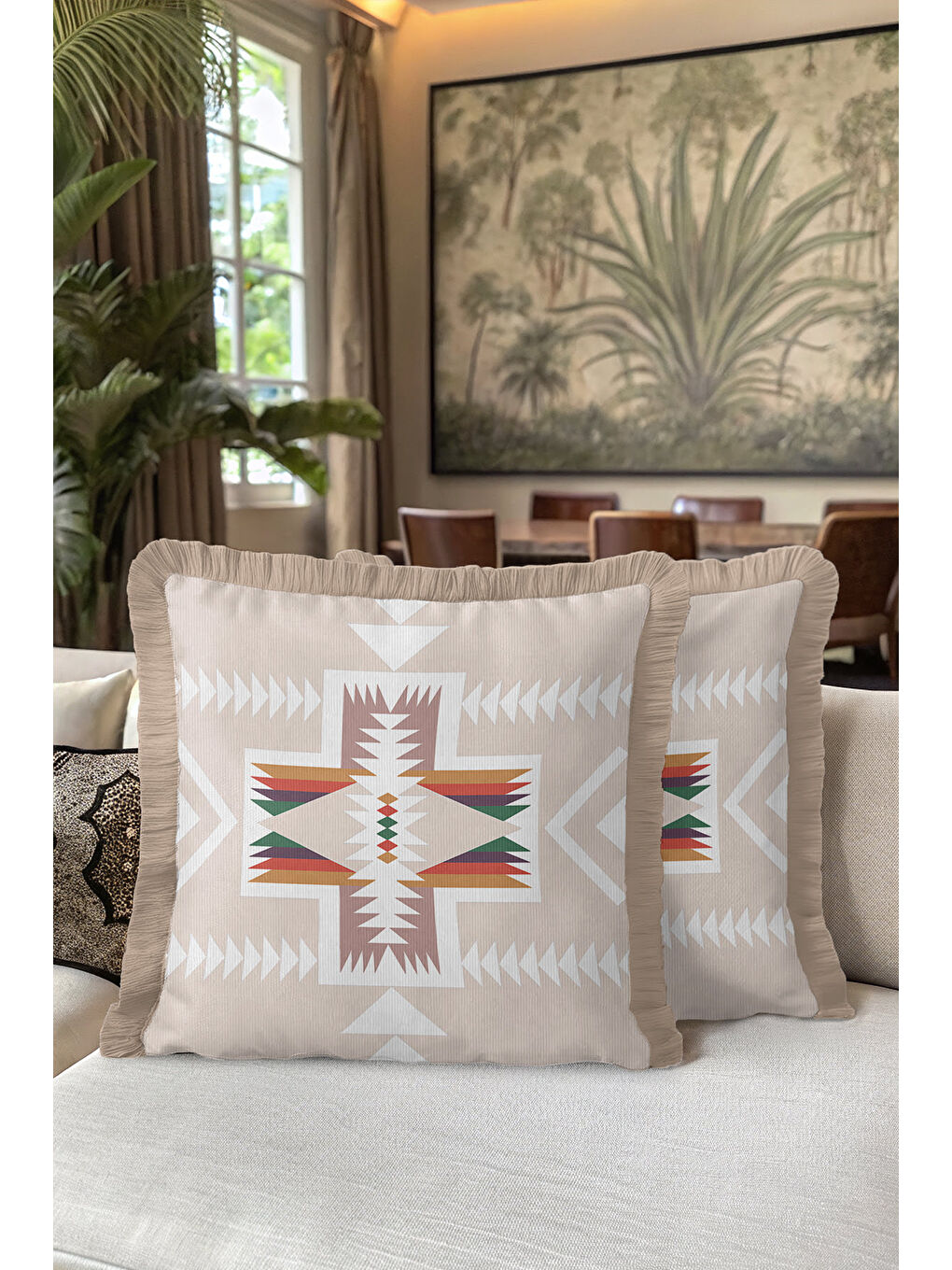 Karışık Etnik Geometrik Saçaklı Yastık Kılıfı - Bohem Tribal Bej Krem Püsküllü Kırlent Kılıfı-5