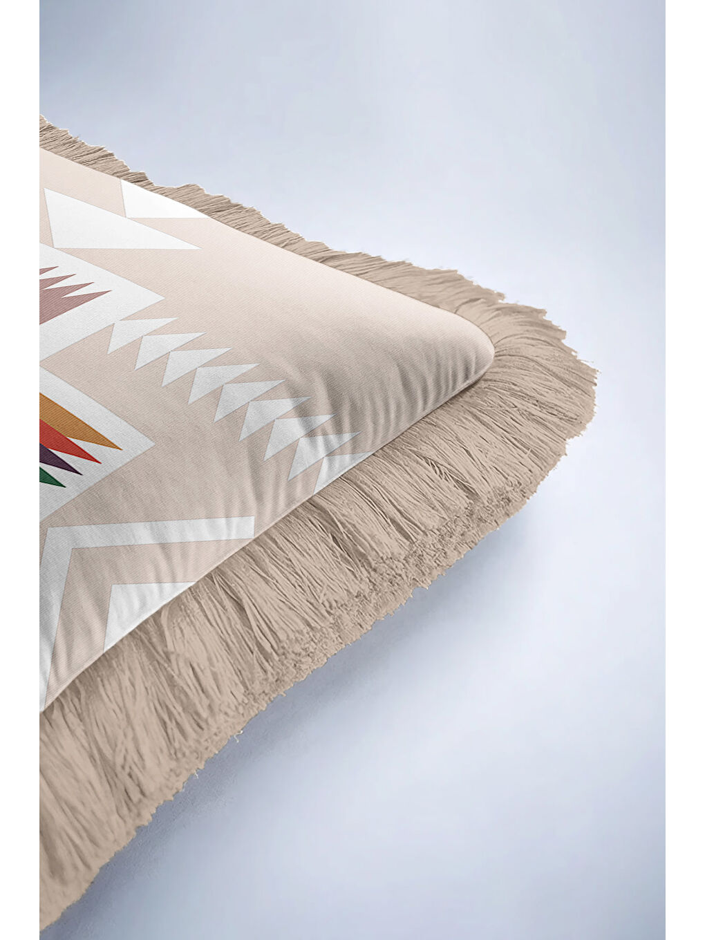 Karışık Etnik Geometrik Saçaklı Yastık Kılıfı - Bohem Tribal Bej Krem Püsküllü Kırlent Kılıfı-6