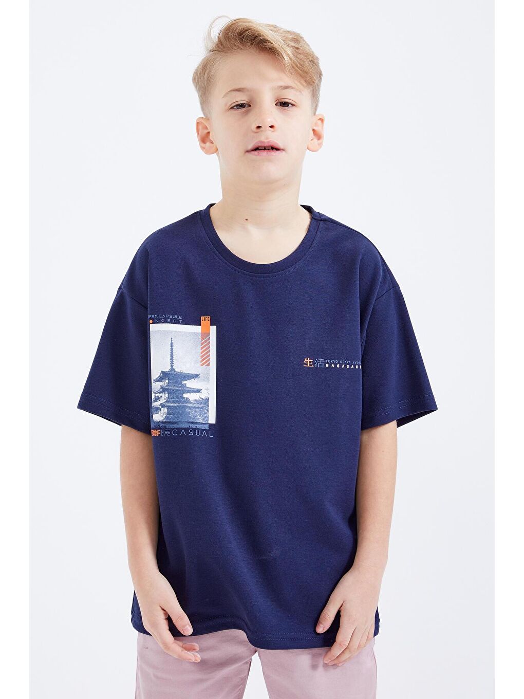 İndigo Oversize Baskılı Kısa Kollu O Yaka Erkek Çocuk Tişört  - 10925-4