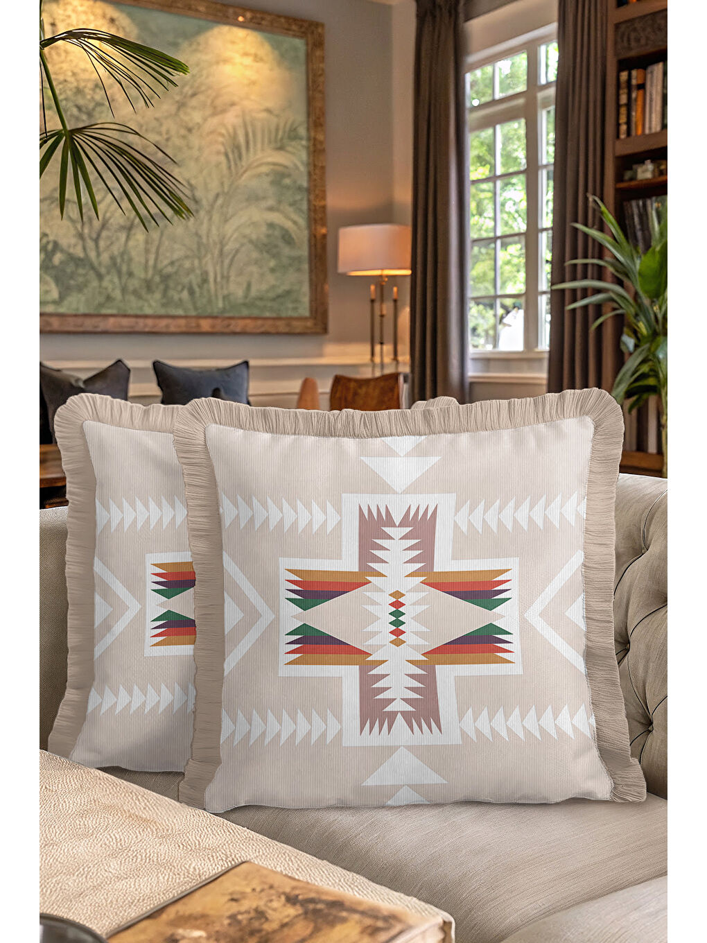 Karışık Etnik Geometrik Saçaklı Yastık Kılıfı - Bohem Tribal Bej Krem Püsküllü Kırlent Kılıfı-7